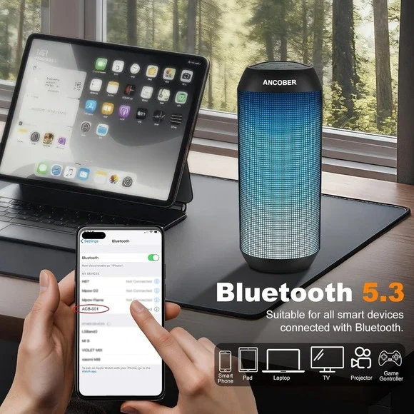 Ancober Bluetooth Speaker, Wireless, 15W Stereo Sound, IPX4 Waterproof New